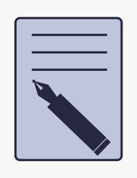 Piktogramm für Leistungen Über-mich-Texte, dargestellt durch ein Blatt Papier mit drei Linien, auf welchem zudem ein Stift liegt.